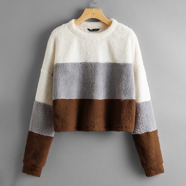 

Plus Drop Shoulder Colorblock Teddy Pullover, Multicolor