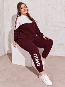 Mulvari Plus Zipper Half Placket Letter Graphic Pullover & Joggers Set - Maroon - View 1