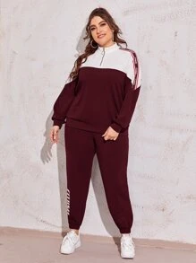 Mulvari Plus Zipper Half Placket Letter Graphic Pullover & Joggers Set - Maroon - View 4