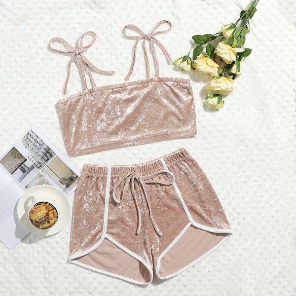

Tie Shoulder Contrast Binding Velvet PJ Set, Dusty pink