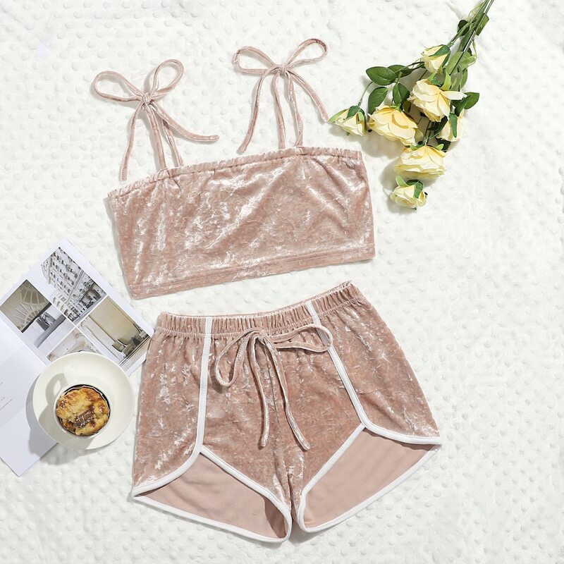 

Tie Shoulder Contrast Binding Velvet PJ Set, Dusty pink