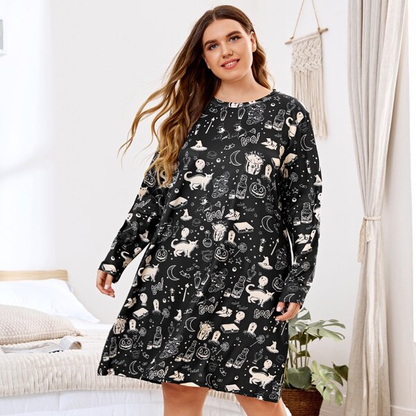 

Plus Halloween Print Nightdress, Black