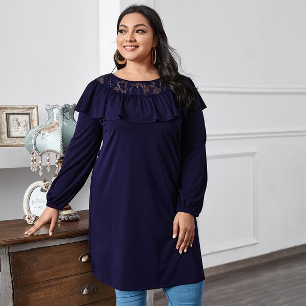 

Plus Contrast Lace Ruffle Trim Longline Blouse, Navy blue