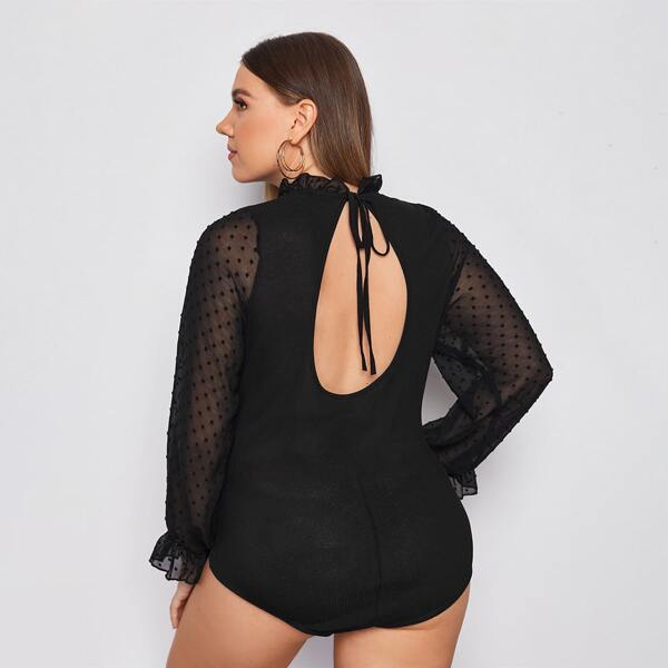 

Plus Tie Back Backless Spliced Swiss Dot Bodysuit, Black