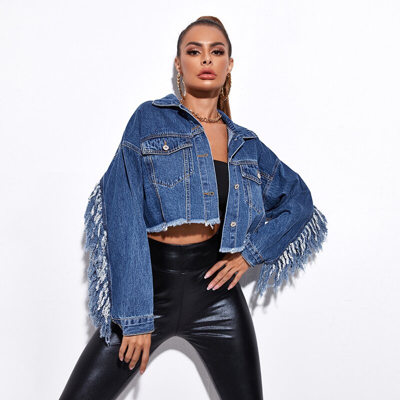 

Fringe Raw Hem Crop Denim Jacket, Medium wash