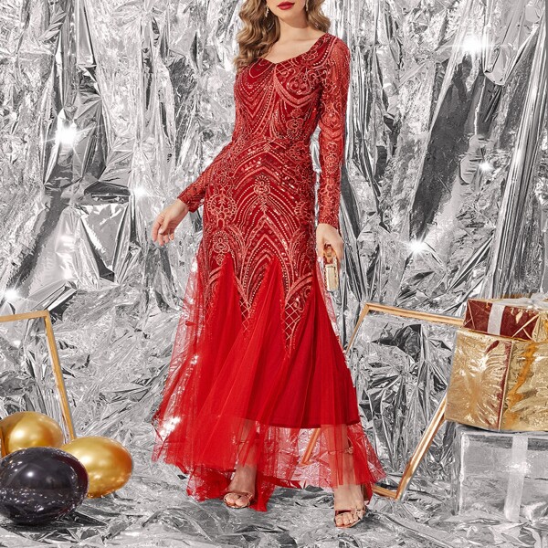 

Contrast Sequin Mesh Godet Panel Formal Dress, Burgundy