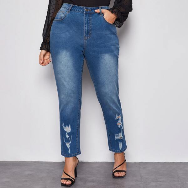 

Plus High Waist Ripped Jeans, Medium wash