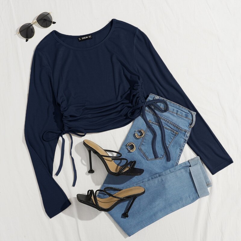 

Ruched Drawstring Side Solid Tee, Navy blue