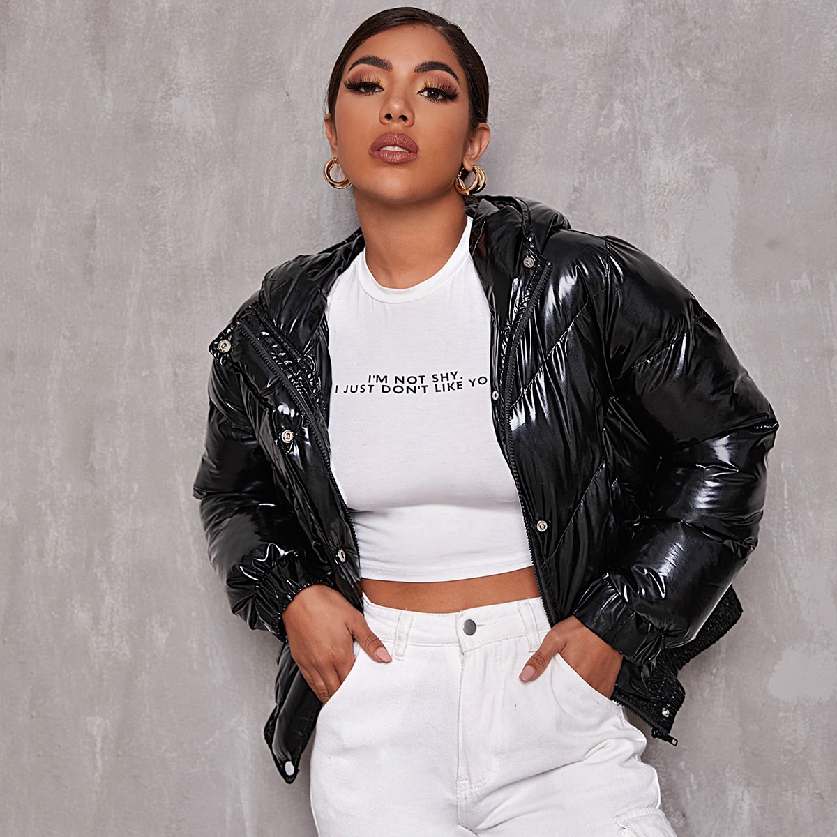 Image of Buttoned Front Zip Up Hooded Puffer Jacket