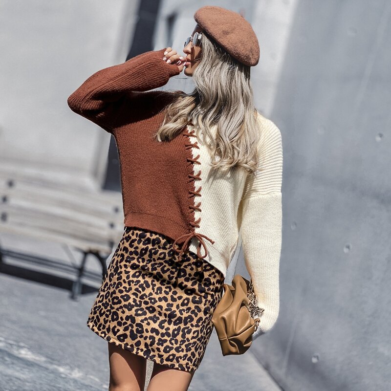 

Two Tone Lace Up Split Hem Sweater, Multicolor