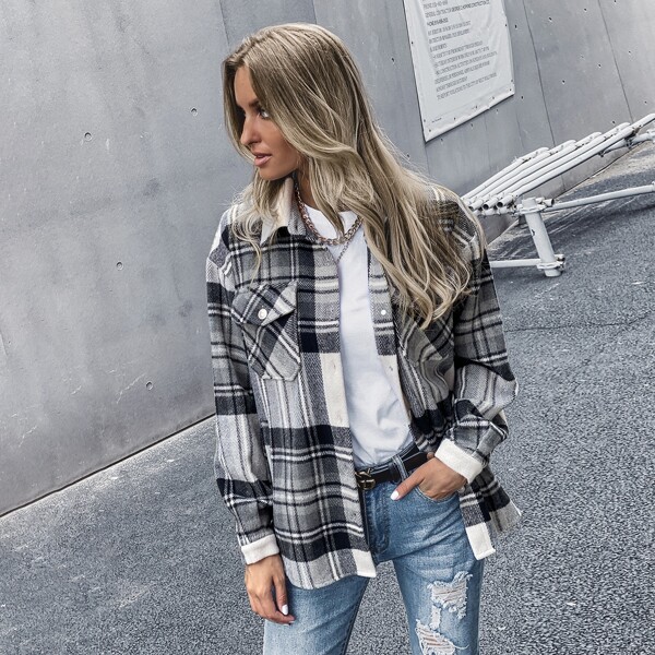 

Plaid Flap Pocket Drop Shoulder Overcoat, Black and white