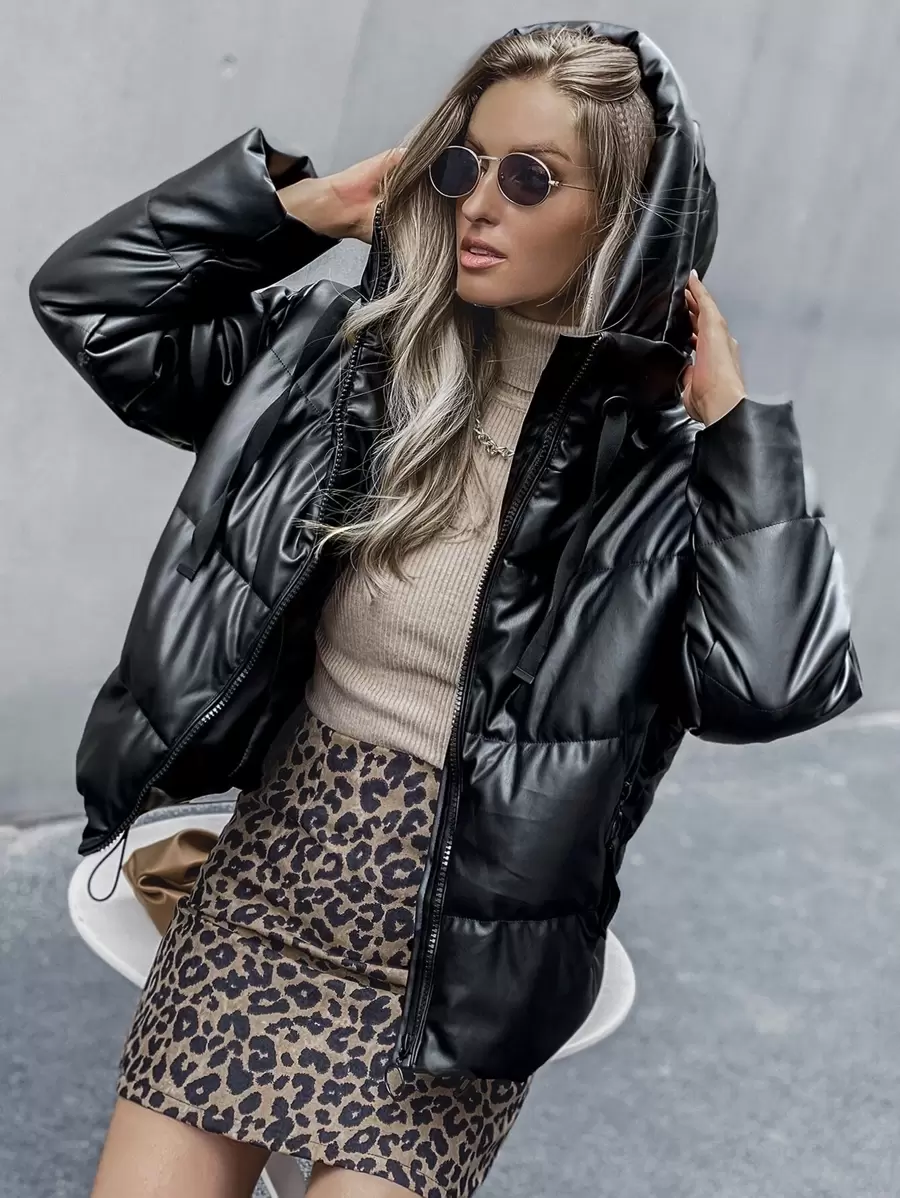 SHEIN EZwear Drawstring Hem PU Puffer Jacket