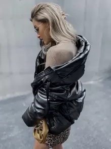SHEIN EZwear Drawstring Hem PU Puffer Jacket