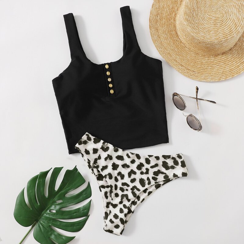 

Button Front Leopard Bikini Swimsuit, Black and white
