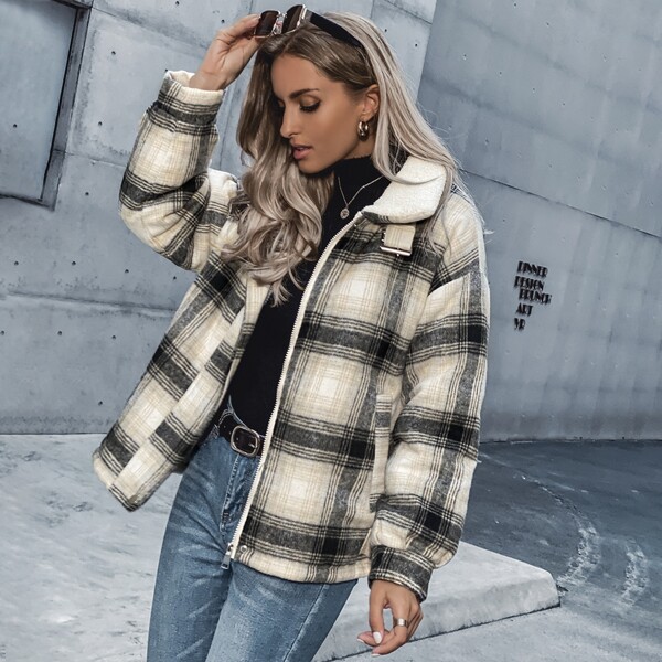 

Plaid Sherpa Lined Drop Shoulder Jacket, Multicolor