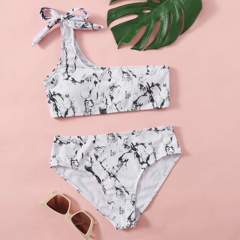 

Marble Pattern One Shoulder Bikini Swimsuit, Black and white