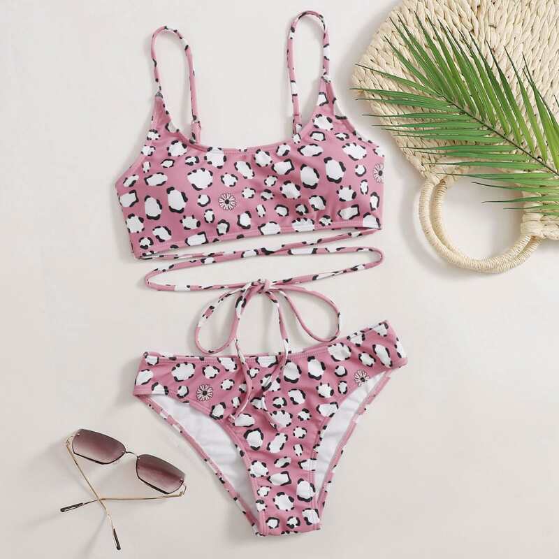 

Leopard Crisscross Tie Back Bikini Swimsuit, Multicolor