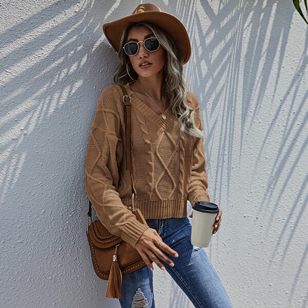 

Drop Shoulder Fisherman Knit Sweater, Mocha brown