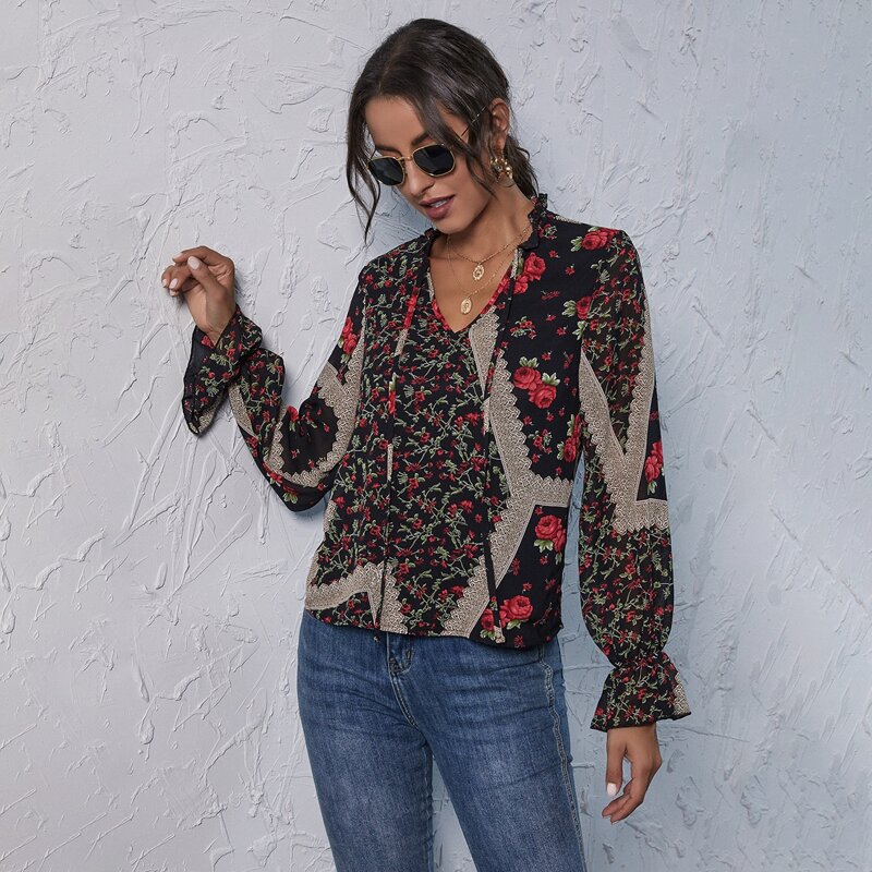 

Floral Frill Tie Neck Blouse, Multicolor