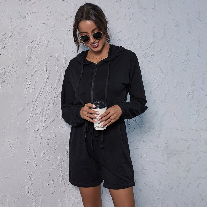 

Zipper Front Drawstring Hooded Romper, Black