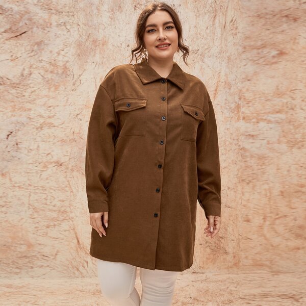 

Plus Button Up Drop Shoulder Corduroy Coat, Brown