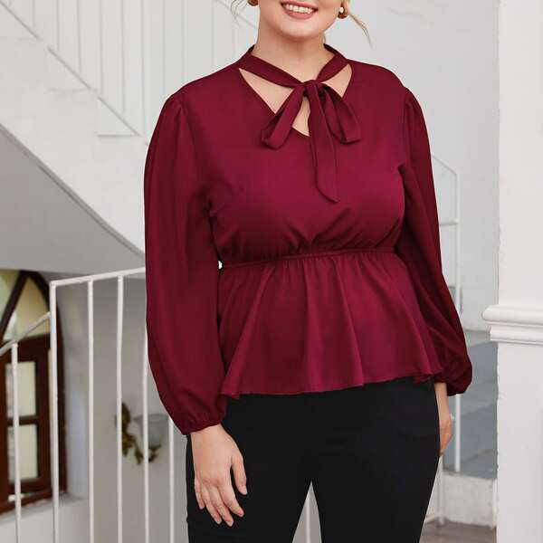 

Plus Tie Neck Peplum Blouse, Maroon