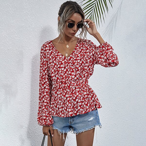 

Ditsy Floral Surplice Front Peplum Blouse, Multicolor