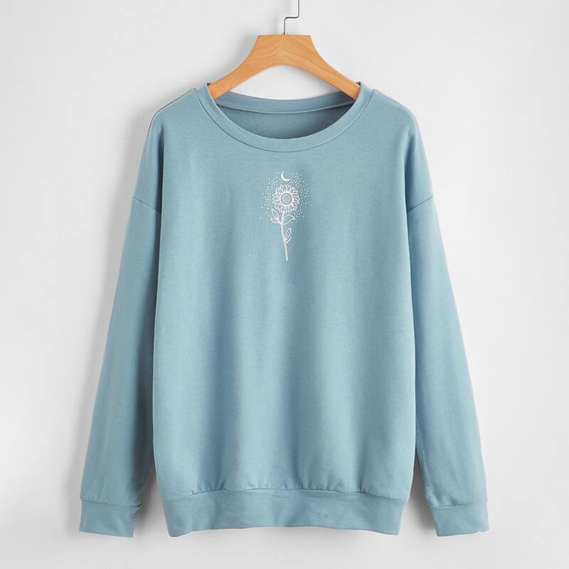 

Floral Pattern Drop Shoulder Sweatshirt, Baby blue