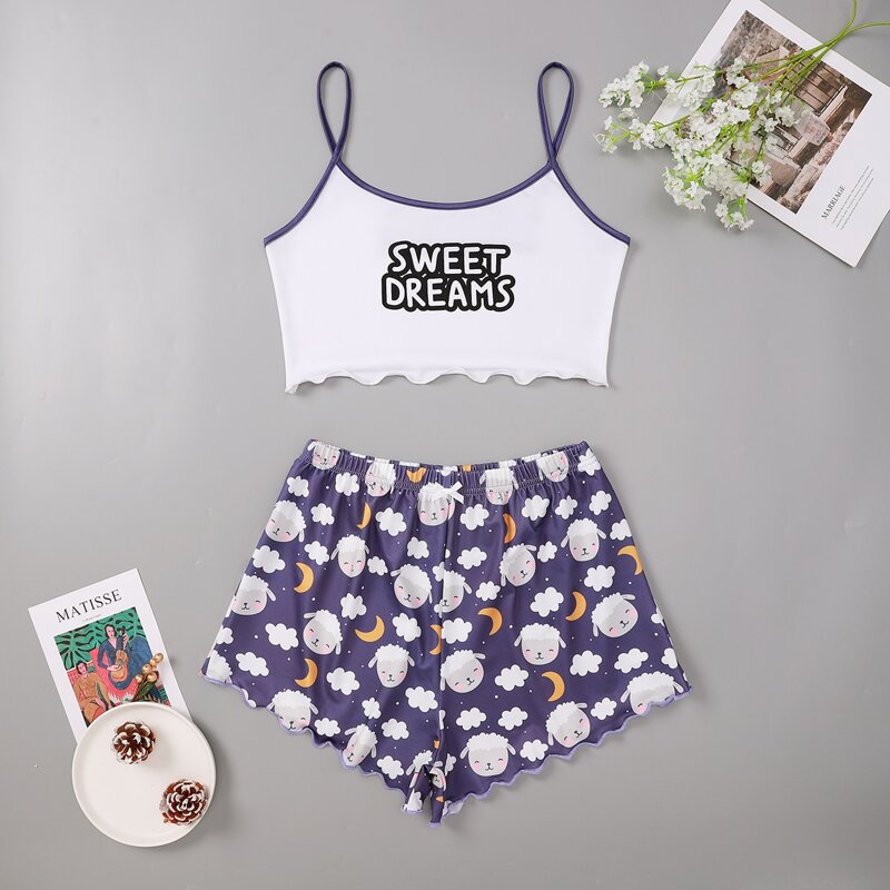 

Cartoon Sheep Print Lettuce Trim PJ Set, Multicolor