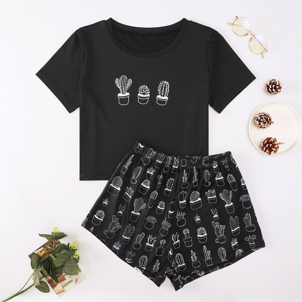 

Cactus Print Tee With Shorts PJ Set, Black