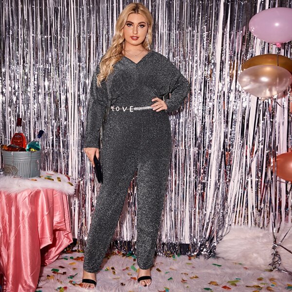 

Plus Glitter Batwing Sleeve Jumpsuit Without Belt, Dark grey
