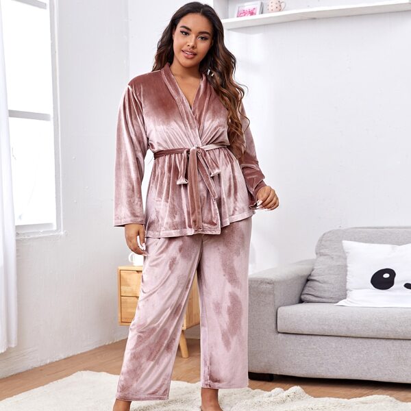 

Plus Self Tie Velvet PJ Set, Dusty pink