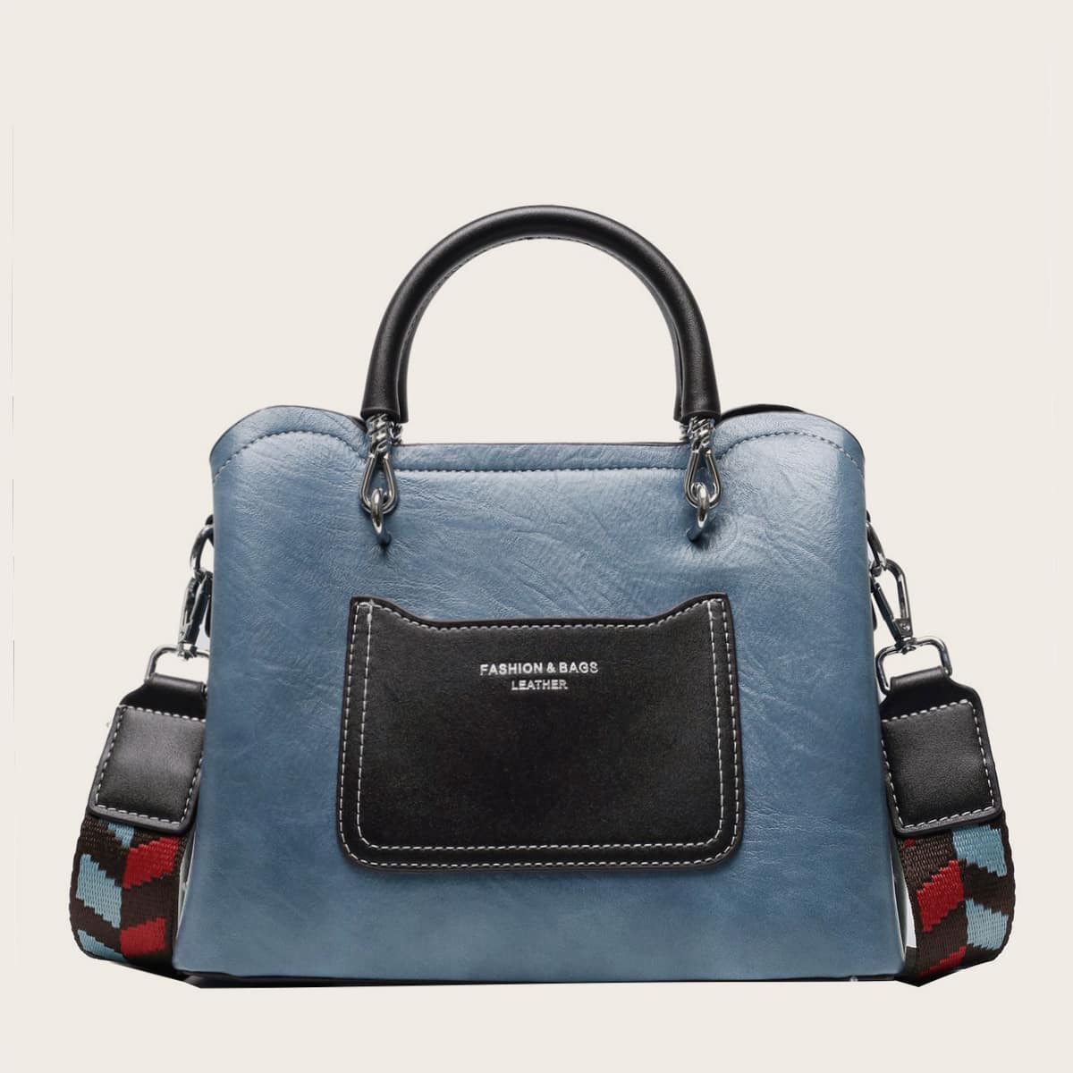 

Color Block Double Handle Satchel Bag, Blue