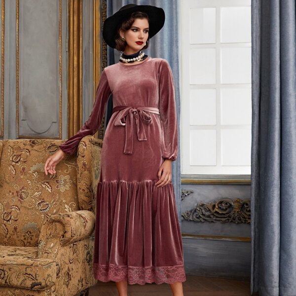

Contrast Lace Self Tie Velvet Dress, Dusty pink