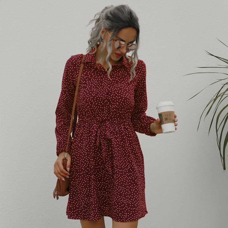 

Polka Dot Belted Shirt Dress, Maroon