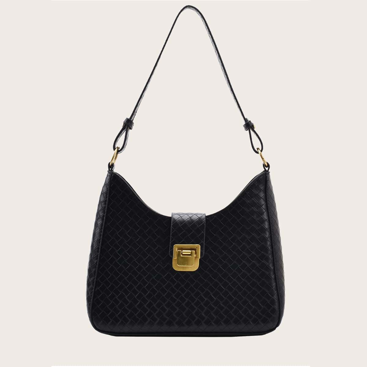 

Metal Lock Braided Shoulder Bag, Black