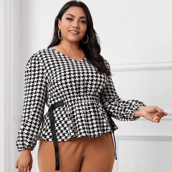 

Plus D-ring Ribbon Houndstooth Peplum Blouse, Black and white
