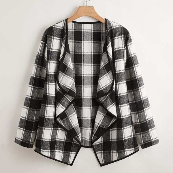 

Plus Waterfall Collar Plaid Coat, Black and white
