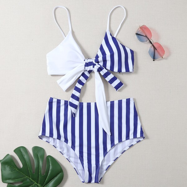 

Striped Cross Front High Waisted Bikini Swimsuit, Blue and white