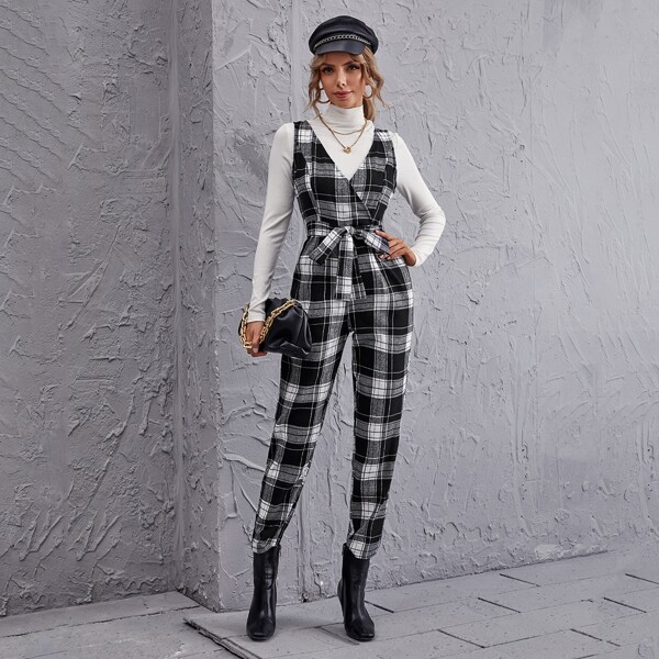 

Tartan Plaid Wrap Belted Jumpsuit, Black and white