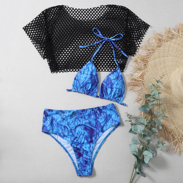 

3pack Fire Print Triangle Bikini Swimsuit & Fishnet Top, Multicolor
