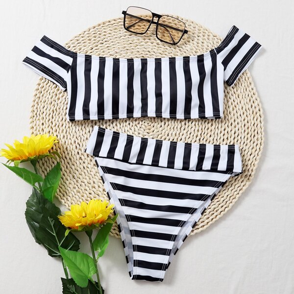 

Striped Bardot High Waisted Bikini Swimsuit, Black and white
