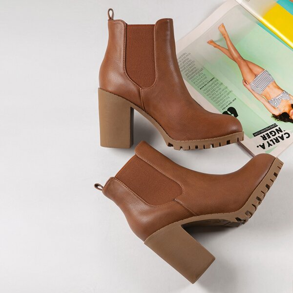 

High Block Heel Lug Sole Chelsea Boots, Brown