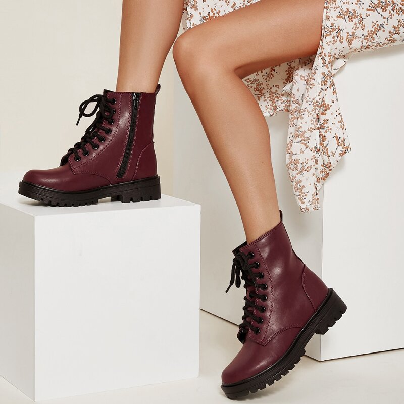 

Faux Leather Zip Up Lug Sole Boots, Maroon