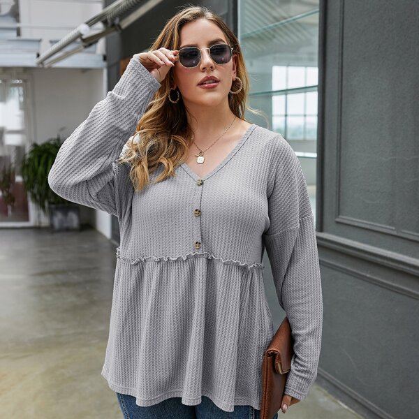

Plus Button Front Frill Babydoll Tee, Light grey