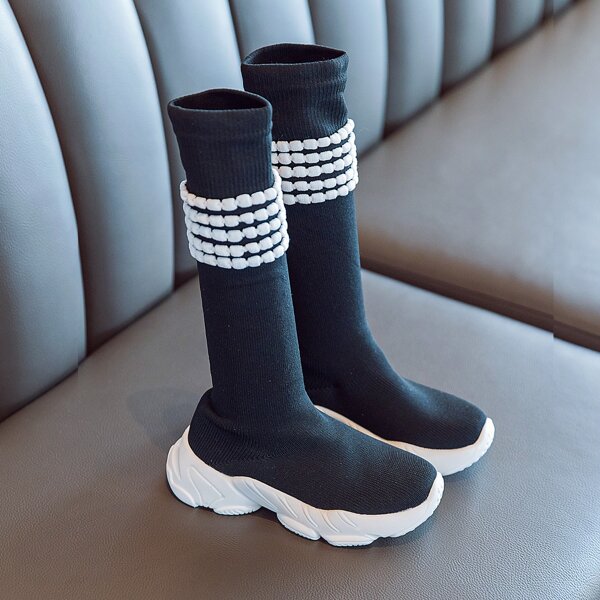

Girls Striped Graphic Sock Boots, Black