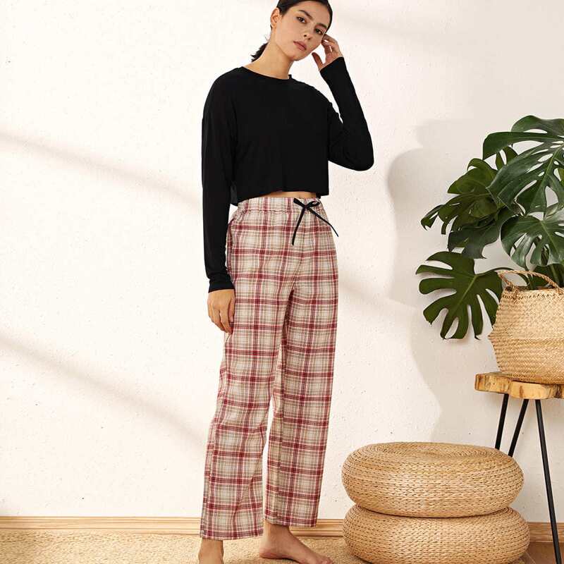 

Tee With Tartan Plaid Bow Front Pants PJ Set, Multicolor