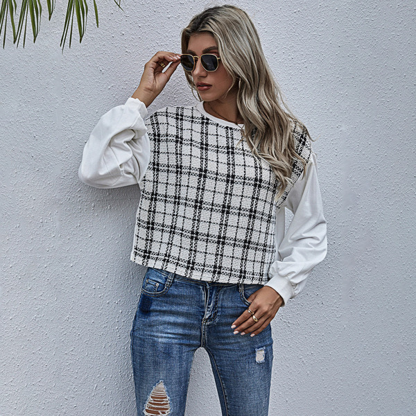 

Spliced Tweed Plaid Drop Shoulder Crop Sweatshirt, Black and white