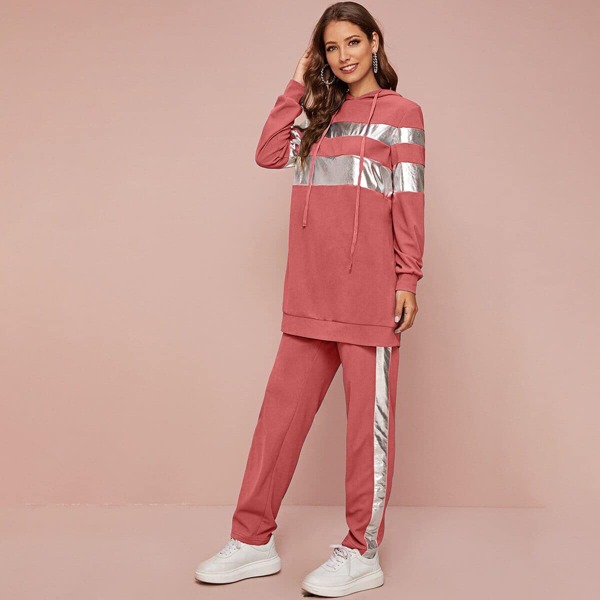 

Contrast Metallic Hoodie & Striped Side Sweatpants Set, Dusty pink