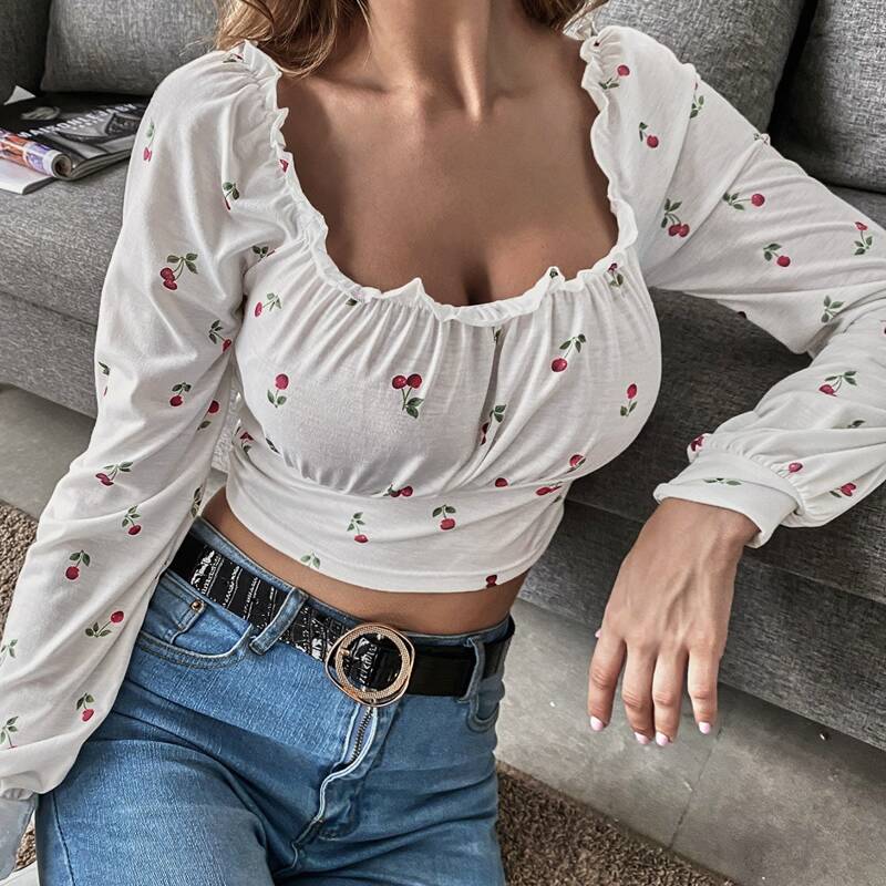 

Frill Trim Ruched Bust Cherry Crop Top, White
